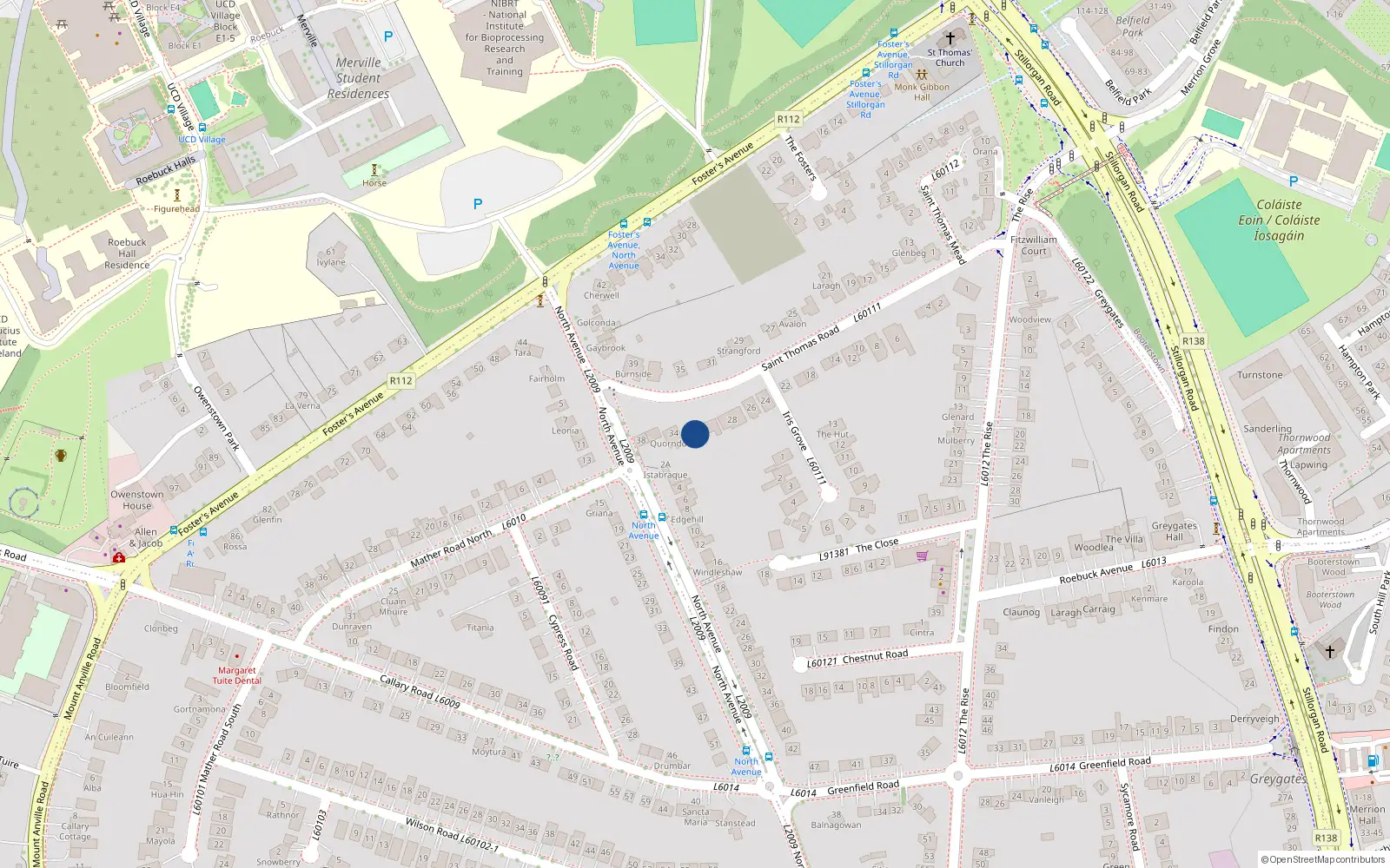 Overhead map showing the location of 32 Saint Thomas Road, Blackrock