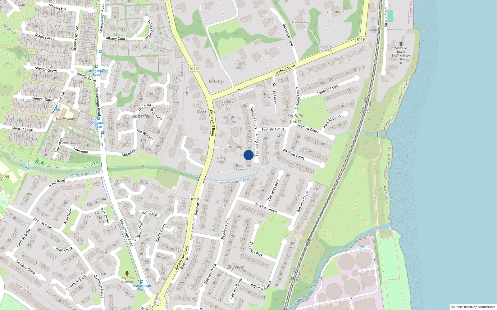 Overhead map showing the location of 32 Seafield Court, Killiney