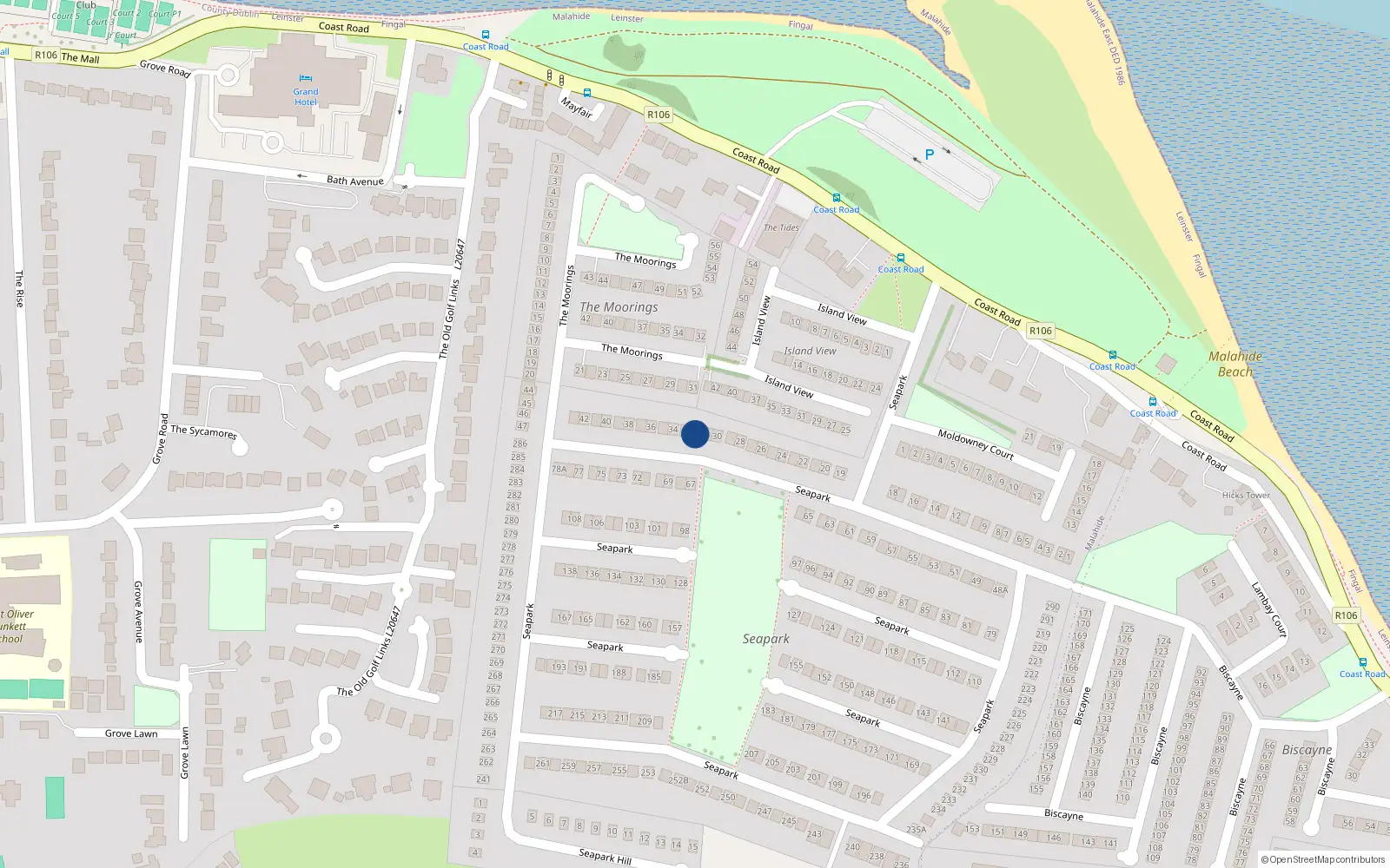 Overhead map showing the location of 32 Seapark, Malahide, Dublin 1