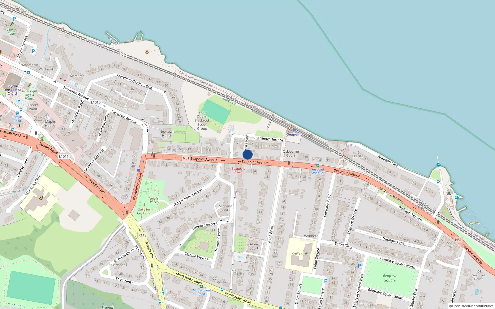 Overhead map showing the location of 32 Seapoint Avenue, Blackrock, Dublin