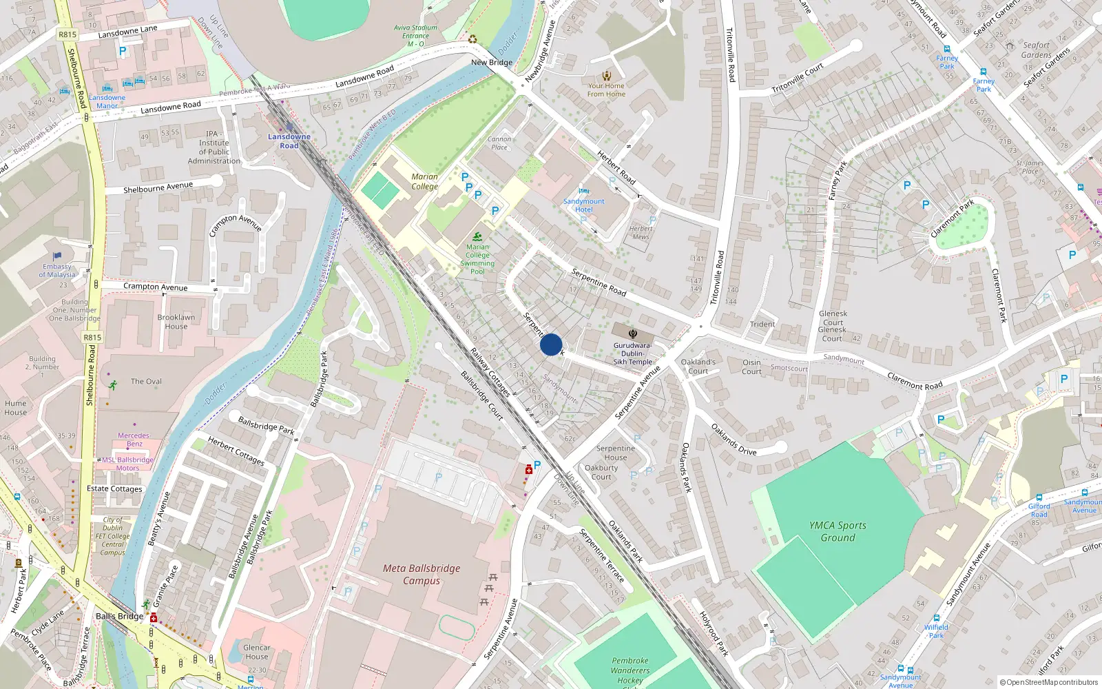 Overhead map showing the location of 32 Serpentine Park, Sandymount