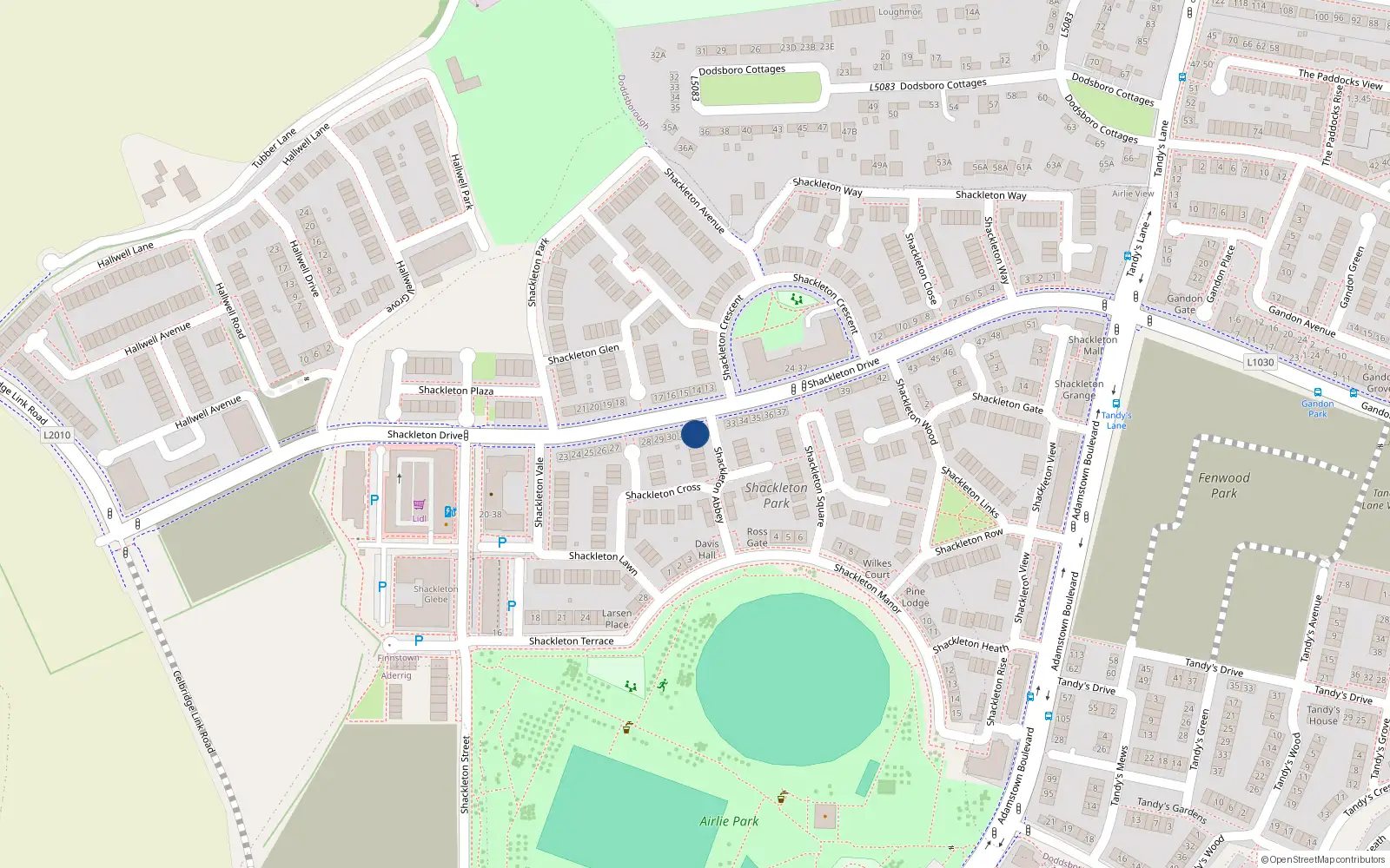 Overhead map showing the location of 32 Shackleton Drive, Lucan