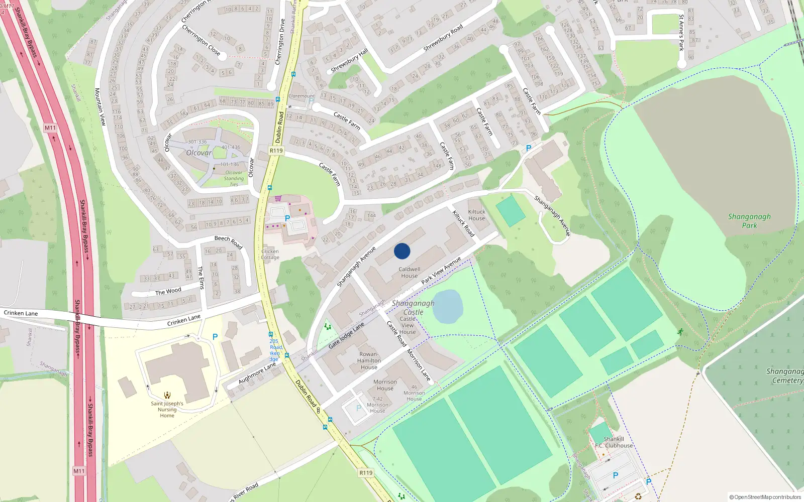 Overhead map showing the location of 32 Shanganagh Avenue, Dublin 18