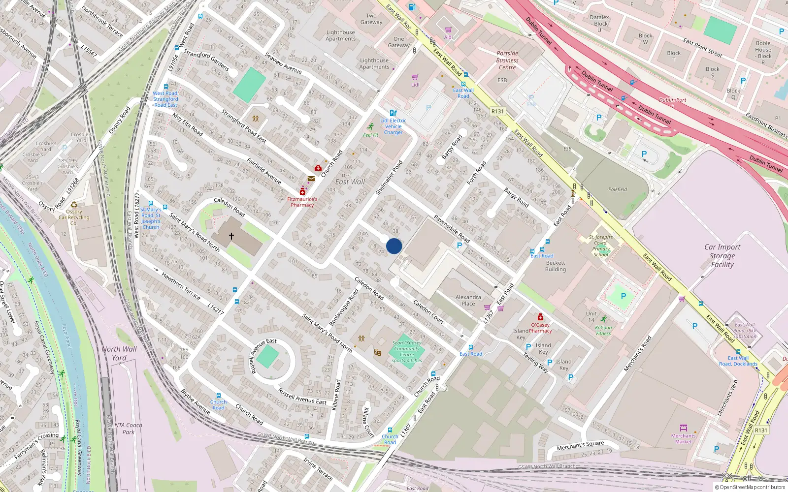 Overhead map showing the location of 32 Shelmalier Road, East Wall, Dublin 3