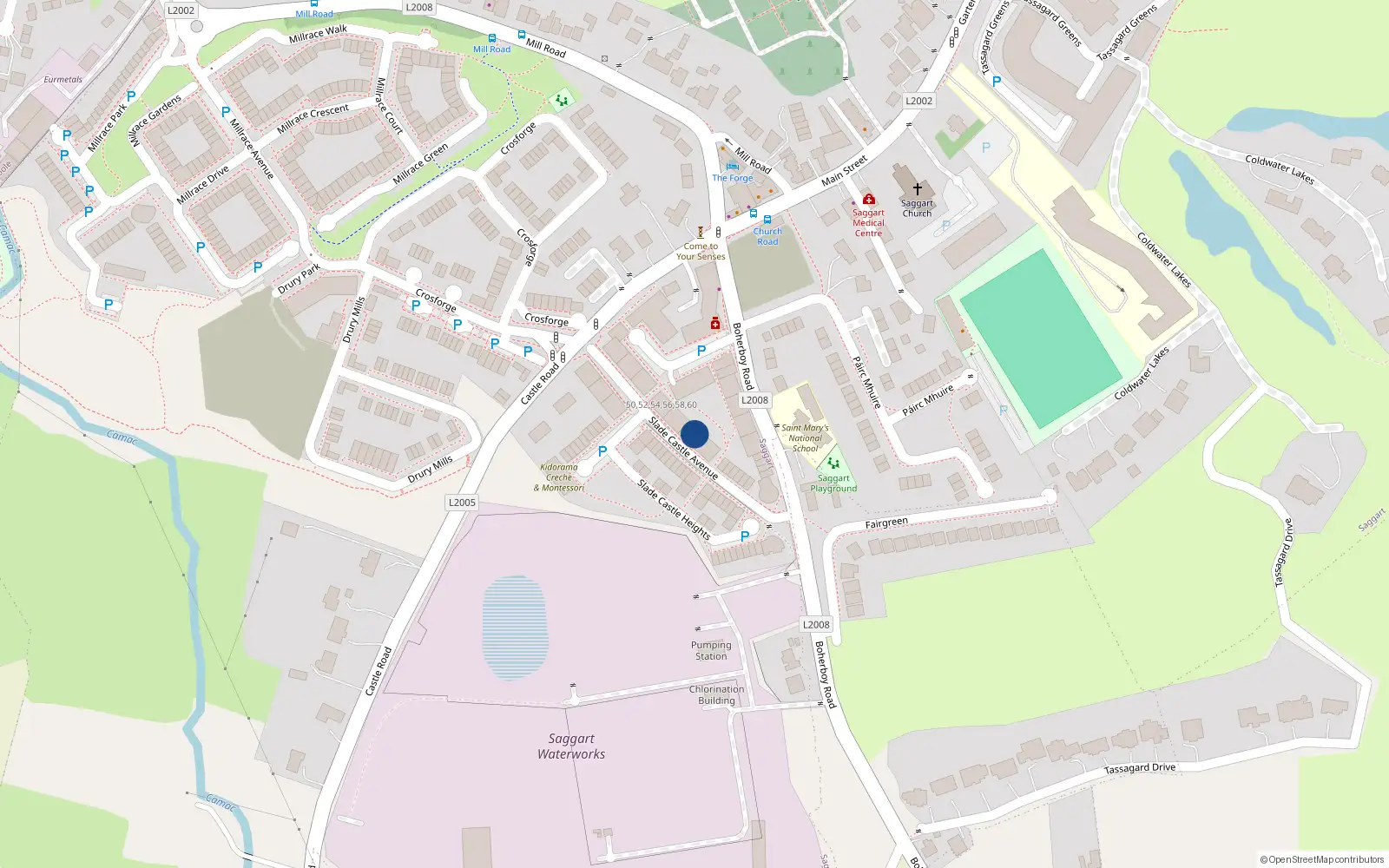 Overhead map showing the location of 32 Slade Castle Avenue, Saggart