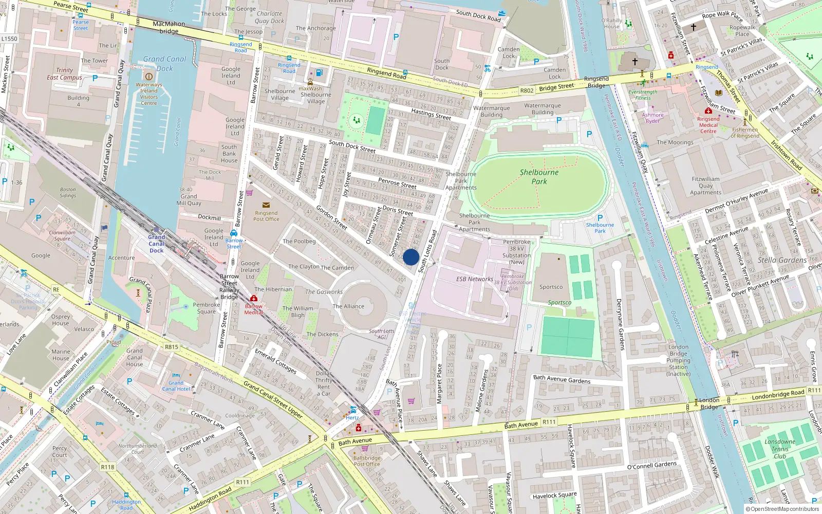 Overhead map showing the location of 32 South Lotts Road, Dublin