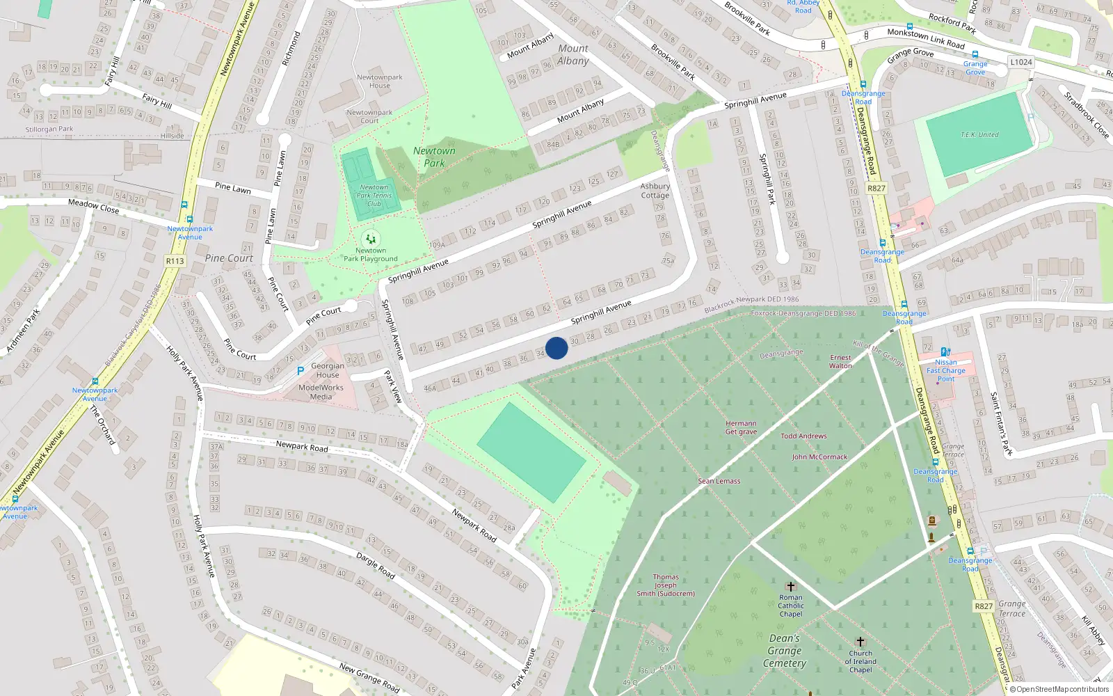 Overhead map showing the location of 32 Springhill Avenue, Blackrock