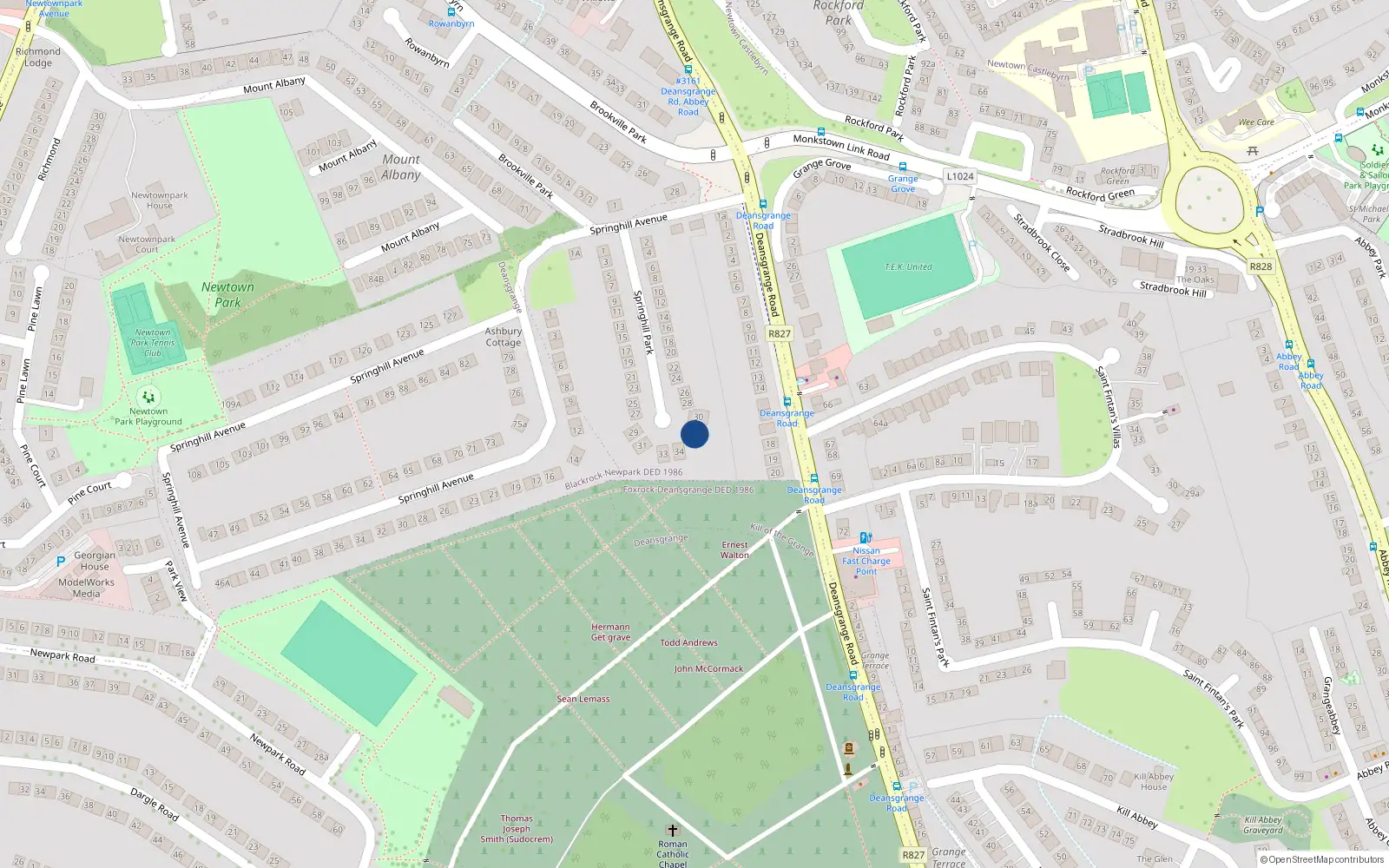Overhead map showing the location of 32 Springhill Park, Blackrock, Dublin
