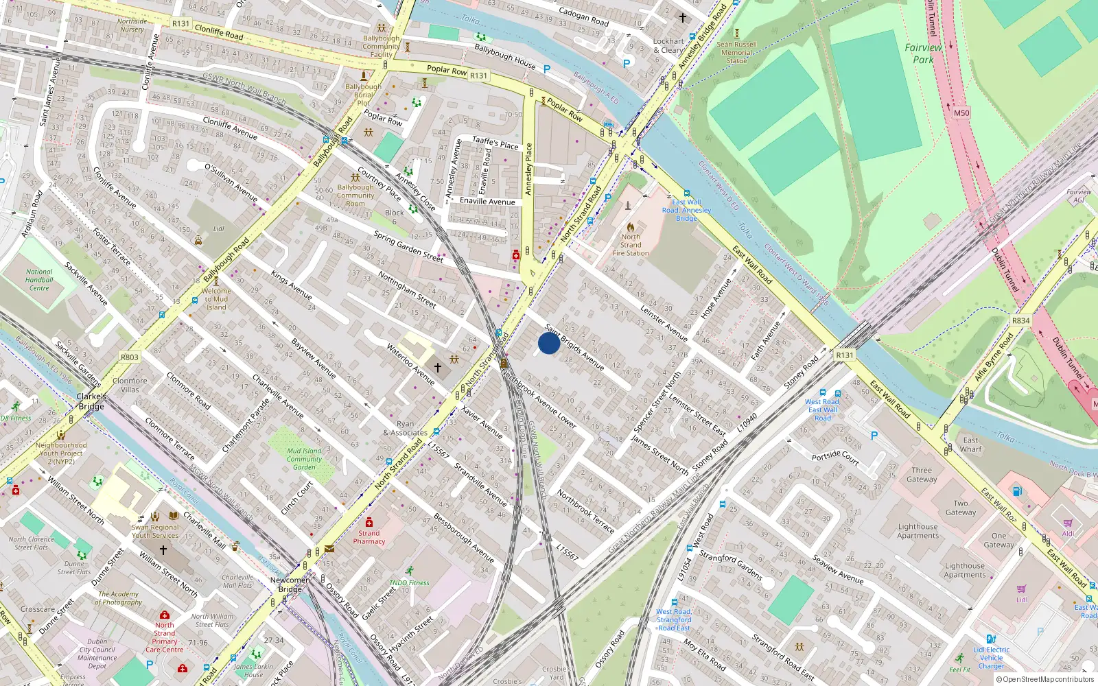 Overhead map showing the location of 32 St Brigids Avenue, North Strand, Dublin 3