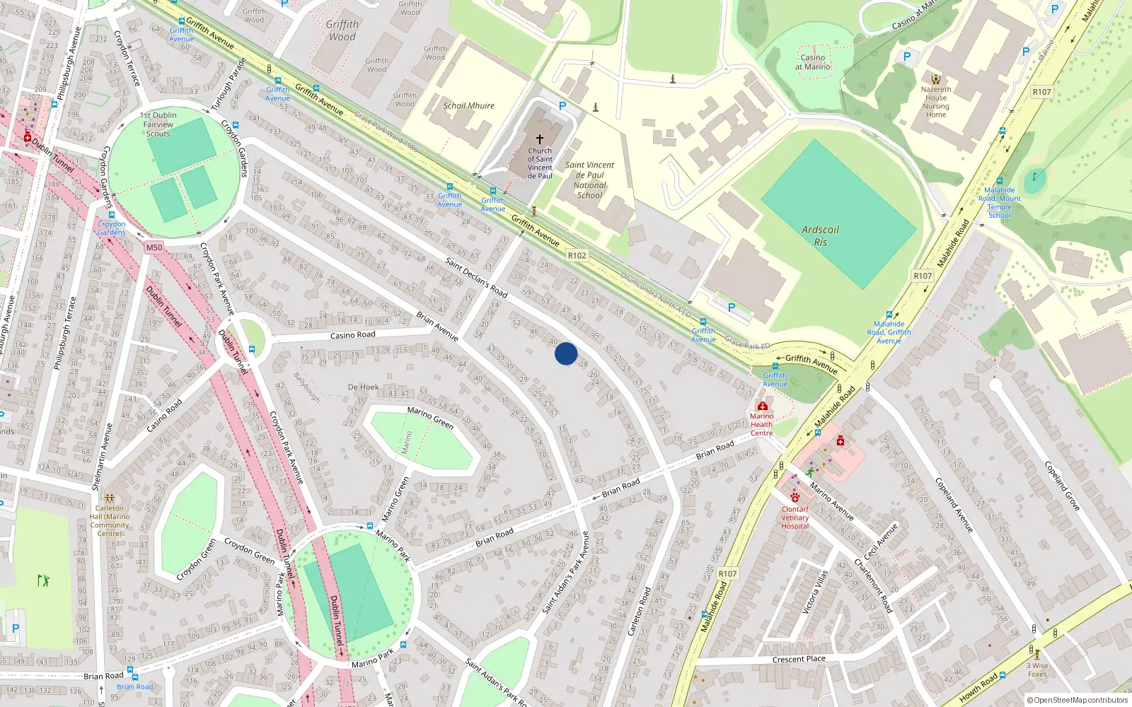 Overhead map showing the location of 32 St. Declans Road, Marino, Dublin 3