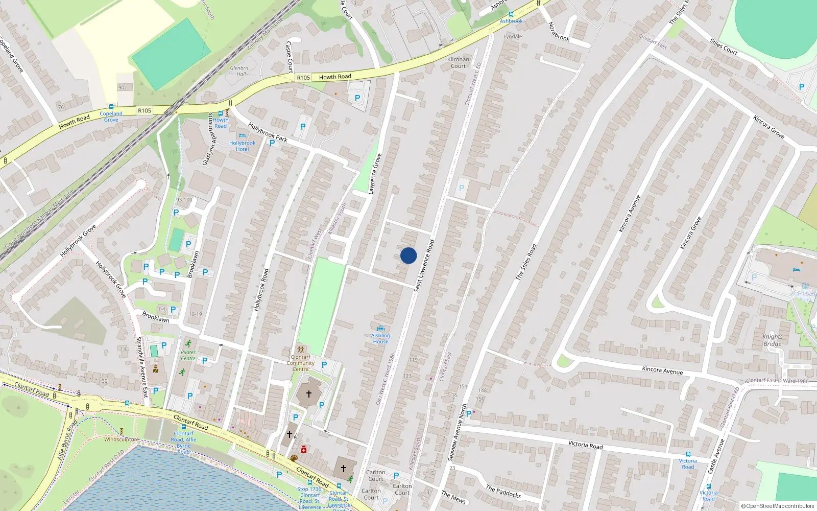 Overhead map showing the location of 32 St Lawrence Road, Clontarf, Dublin 3
