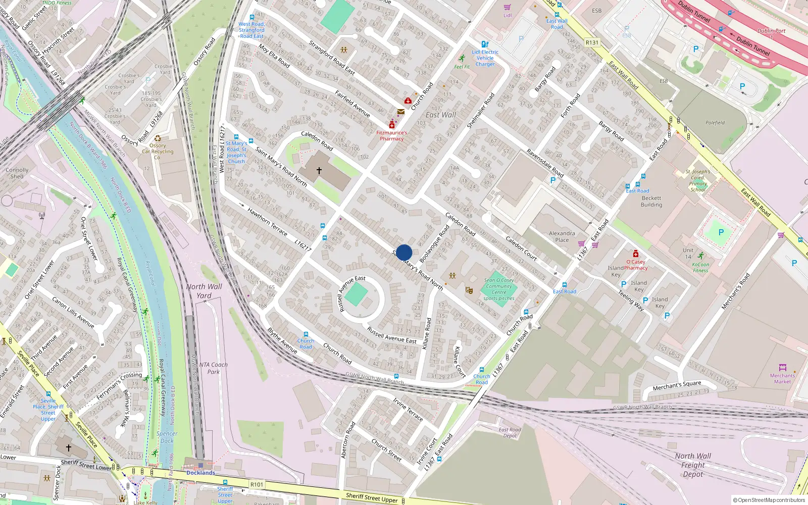 Overhead map showing the location of 32 St Marys Road, East Wall, Dublin 3