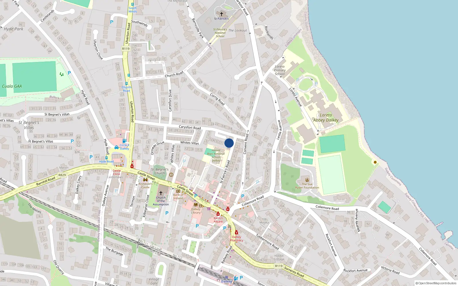 Overhead map showing the location of 32 St Patricks Road, Dalkey, Dublin