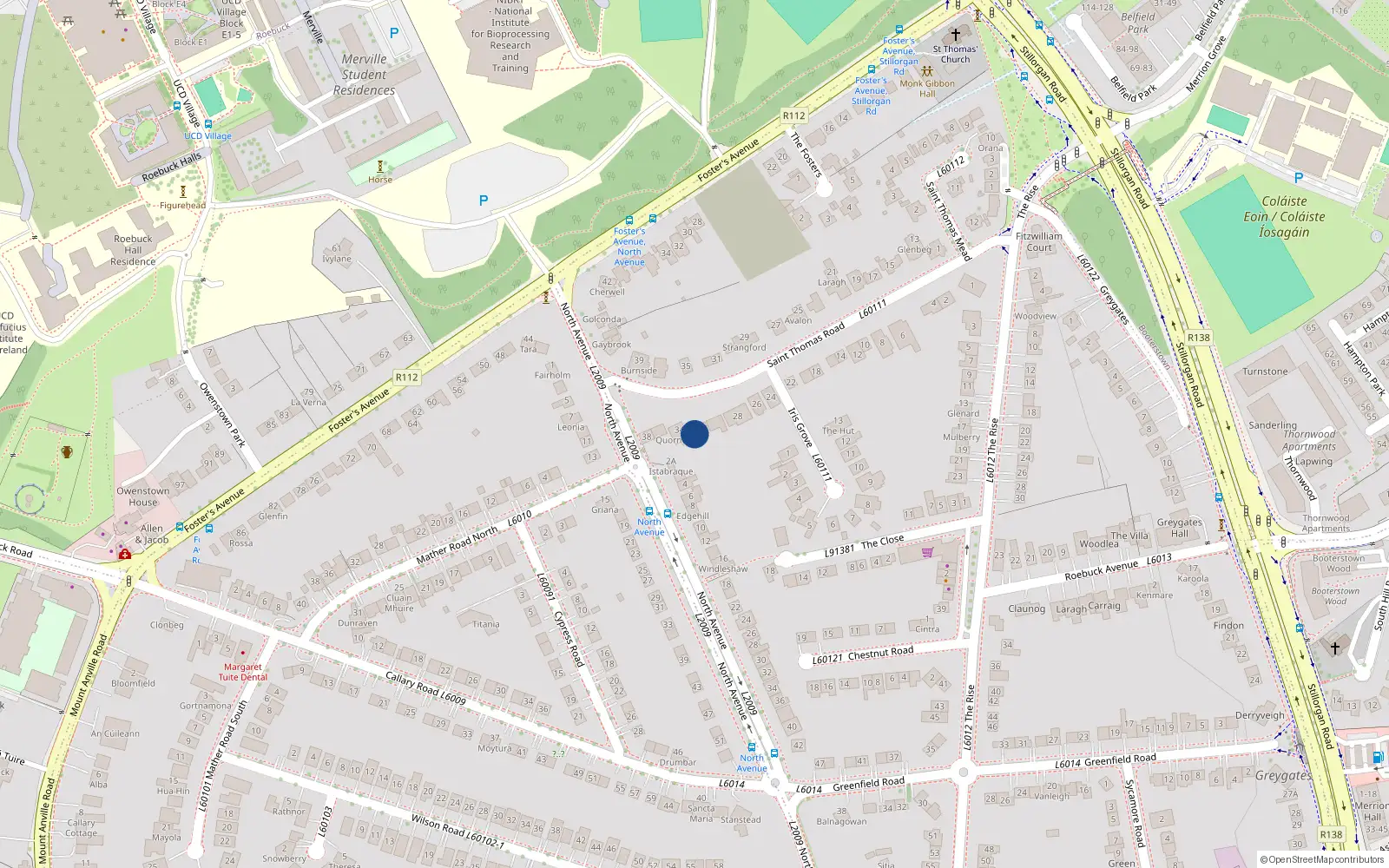 Overhead map showing the location of 32 St Thomas Road, Mount Merrion, Dublin