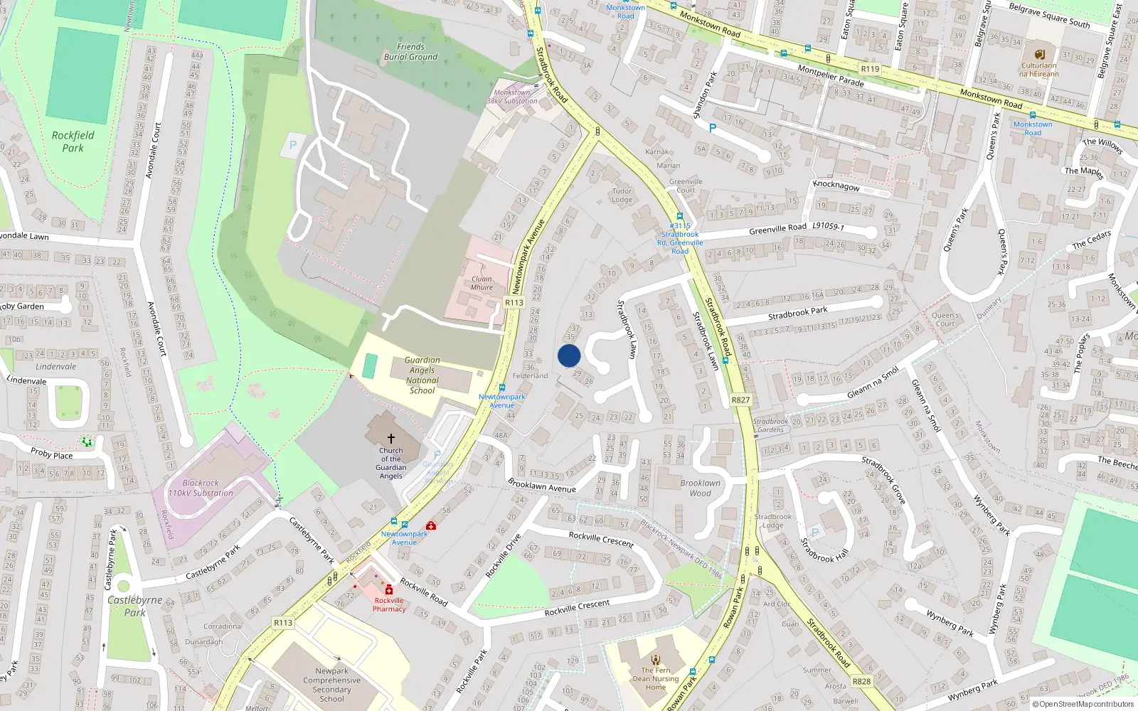 Overhead map showing the location of 32 Stradbrook Lawn, Blackrock