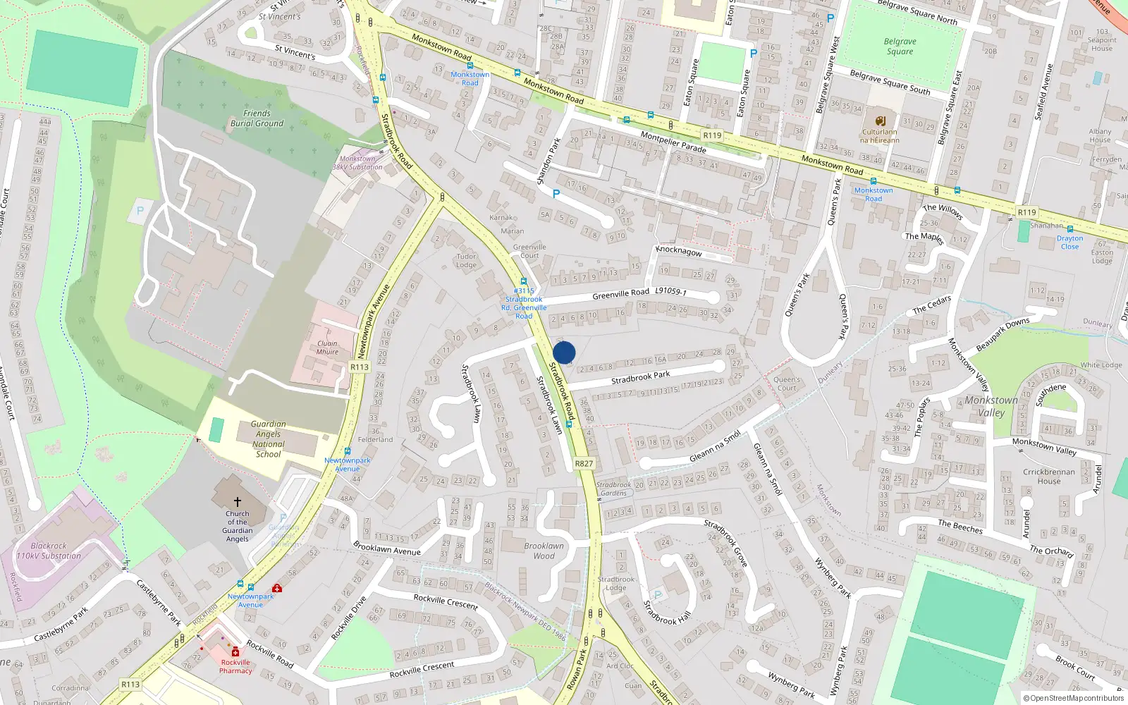 Overhead map showing the location of 32 Stradbrook Road, Blackrock