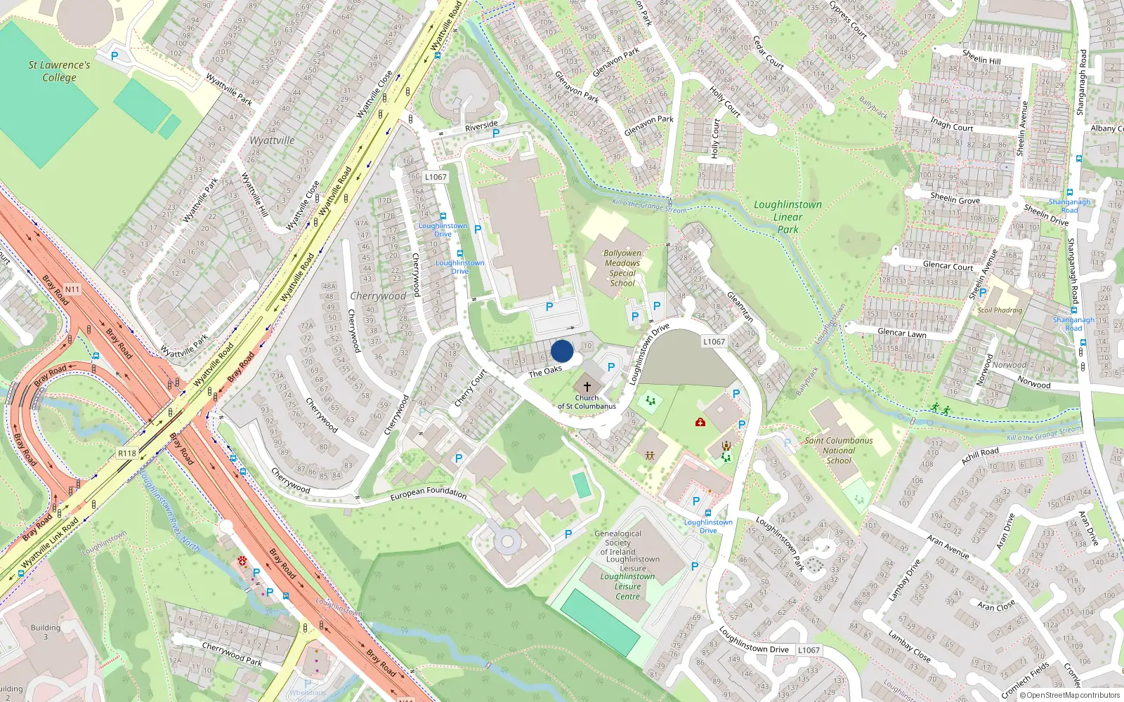 Overhead map showing the location of 32 The Oaks, Leopardstown