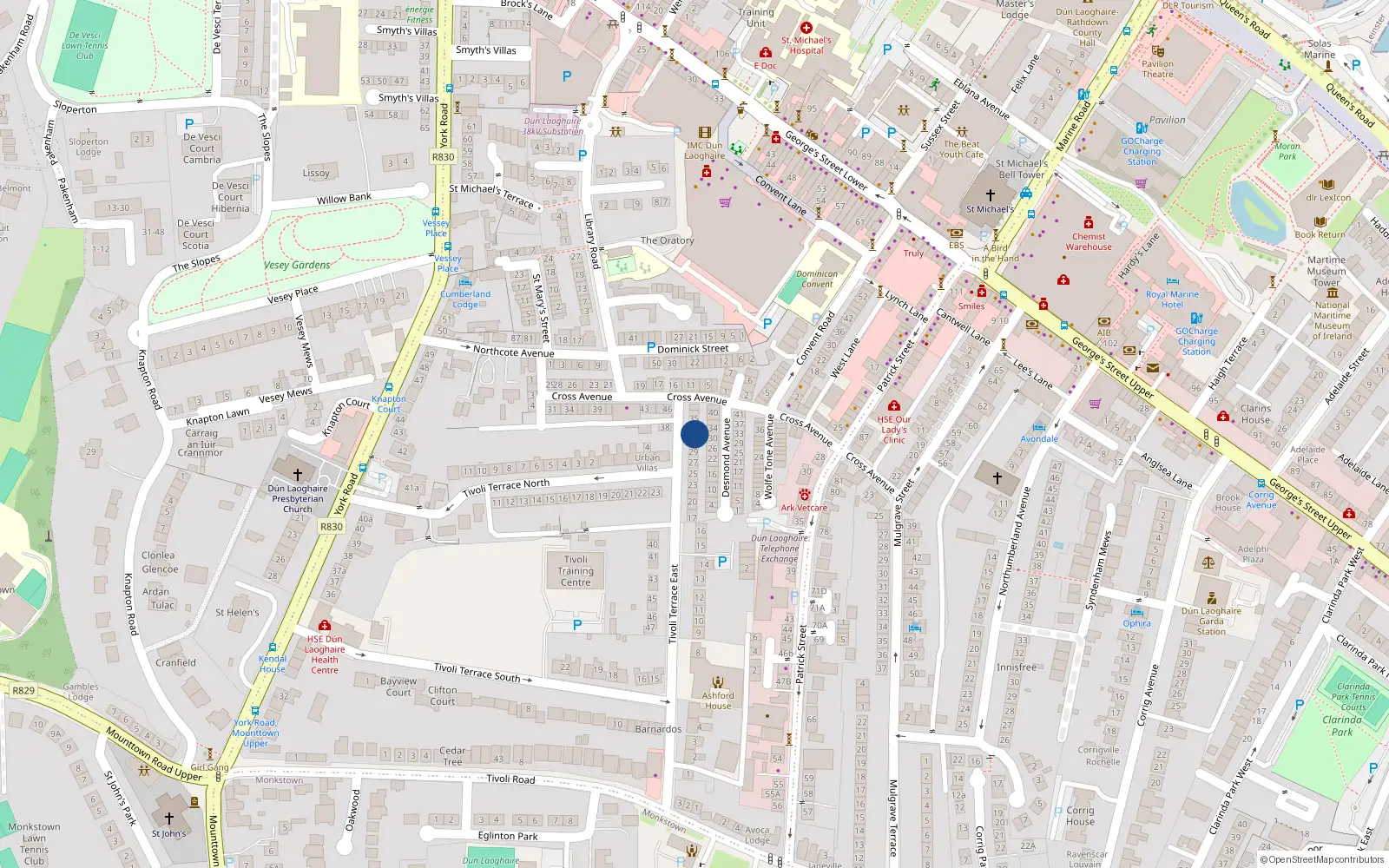 Overhead map showing the location of 32 Tivoli Terrace East, Dublin