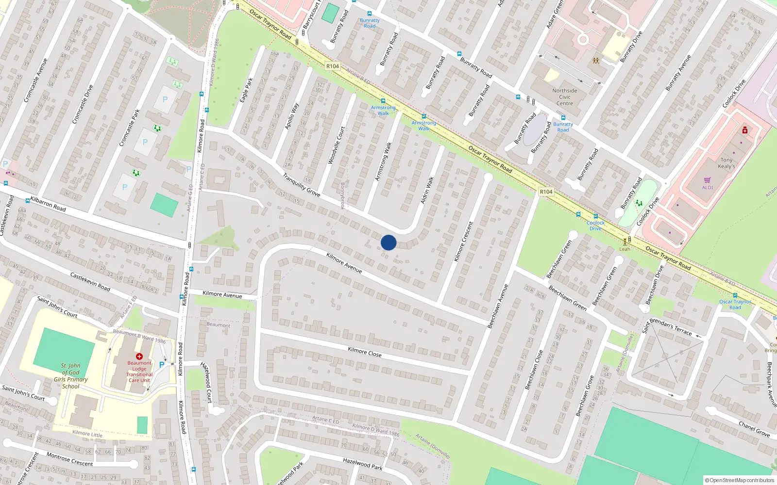 Overhead map showing the location of 32 Tranquility Grove, Woodville Park Estate, Coolock Dublin 5