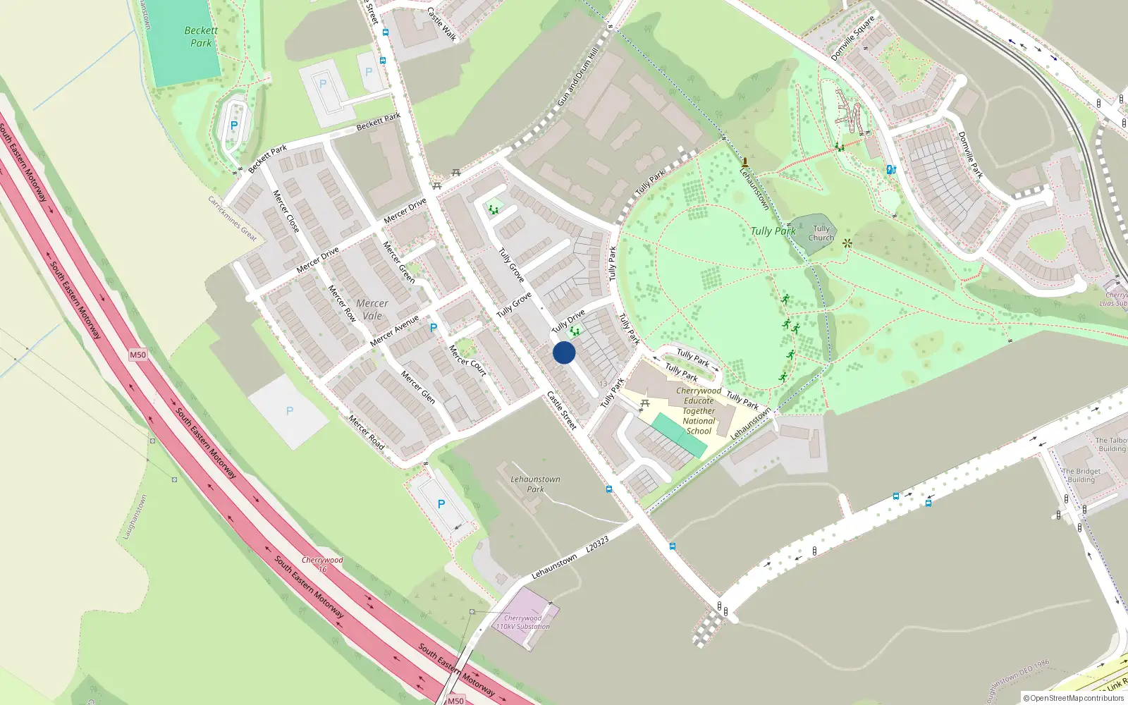Overhead map showing the location of 32 Tully Drive, Laughanstown