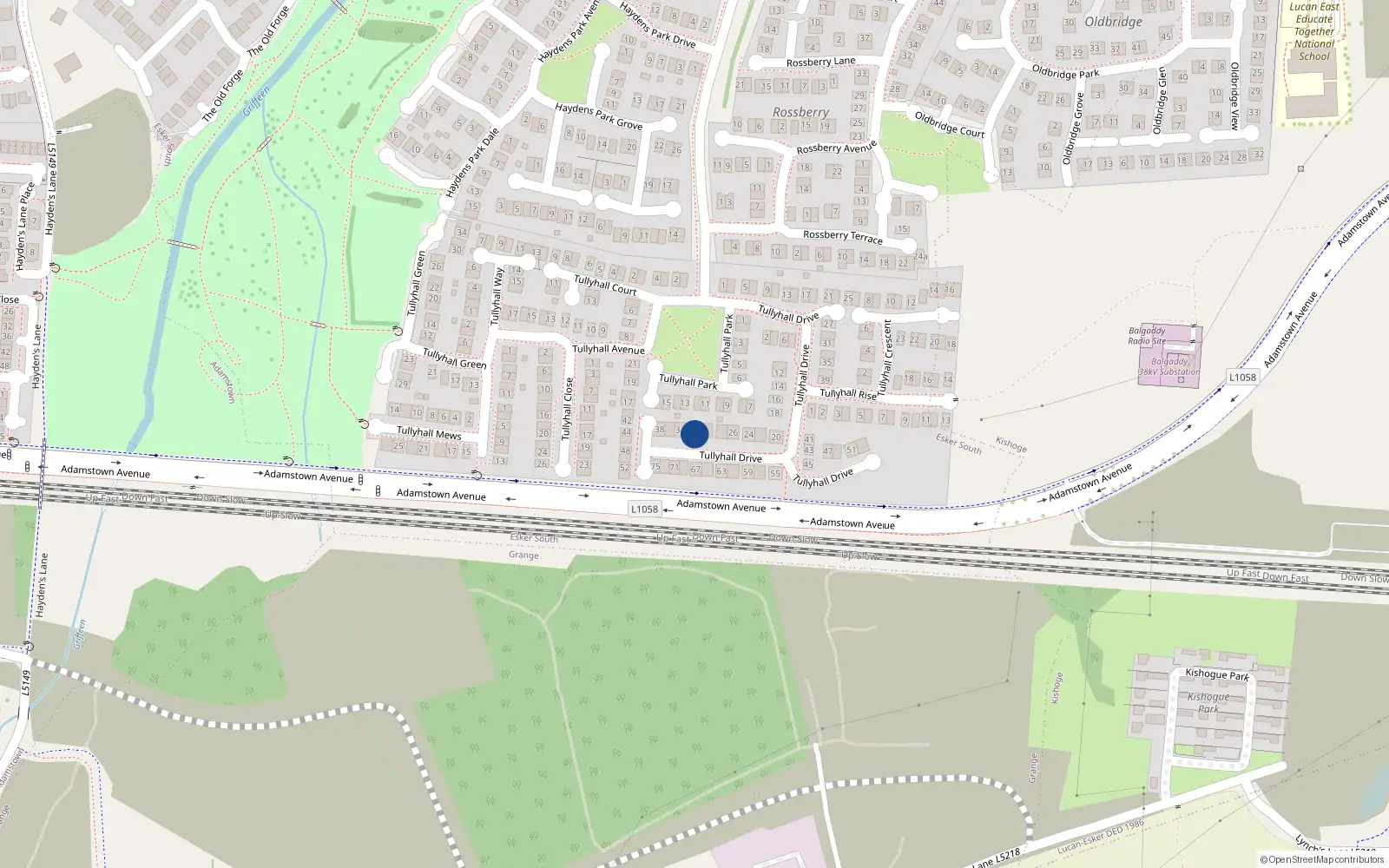Overhead map showing the location of 32 Tullyhall Drive, Lucan
