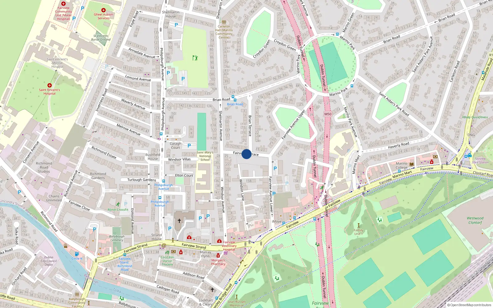 Overhead map showing the location of 32 Fairview Terrace, Dublin 3