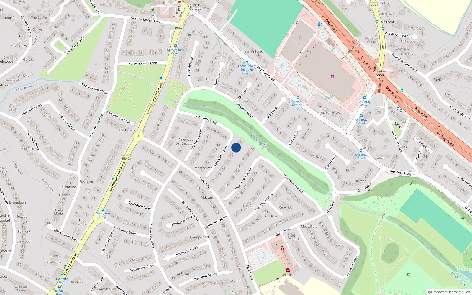 Overhead map showing the location of 32 Vale View Lawn, Cabinteely