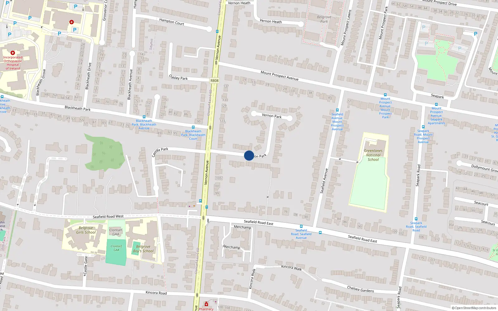 Overhead map showing the location of 32 Vernon Park, Dublin 3