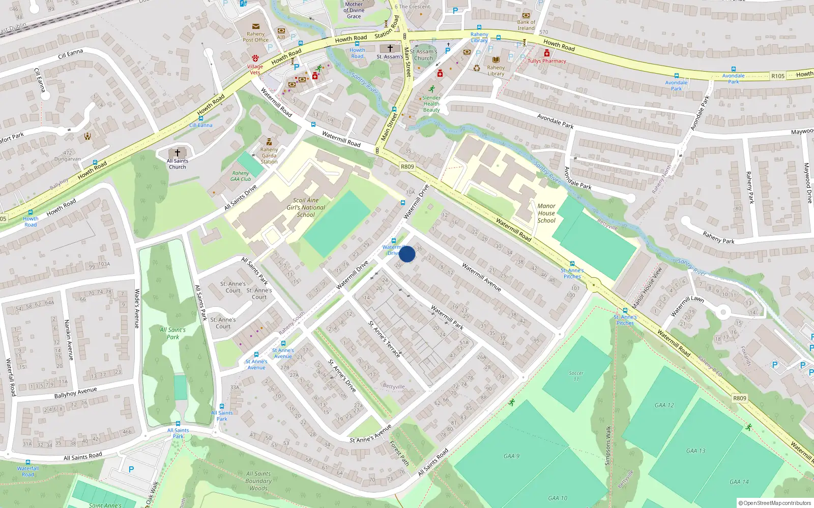 Overhead map showing the location of 32 Watermill Drive, Raheny, Dublin 5