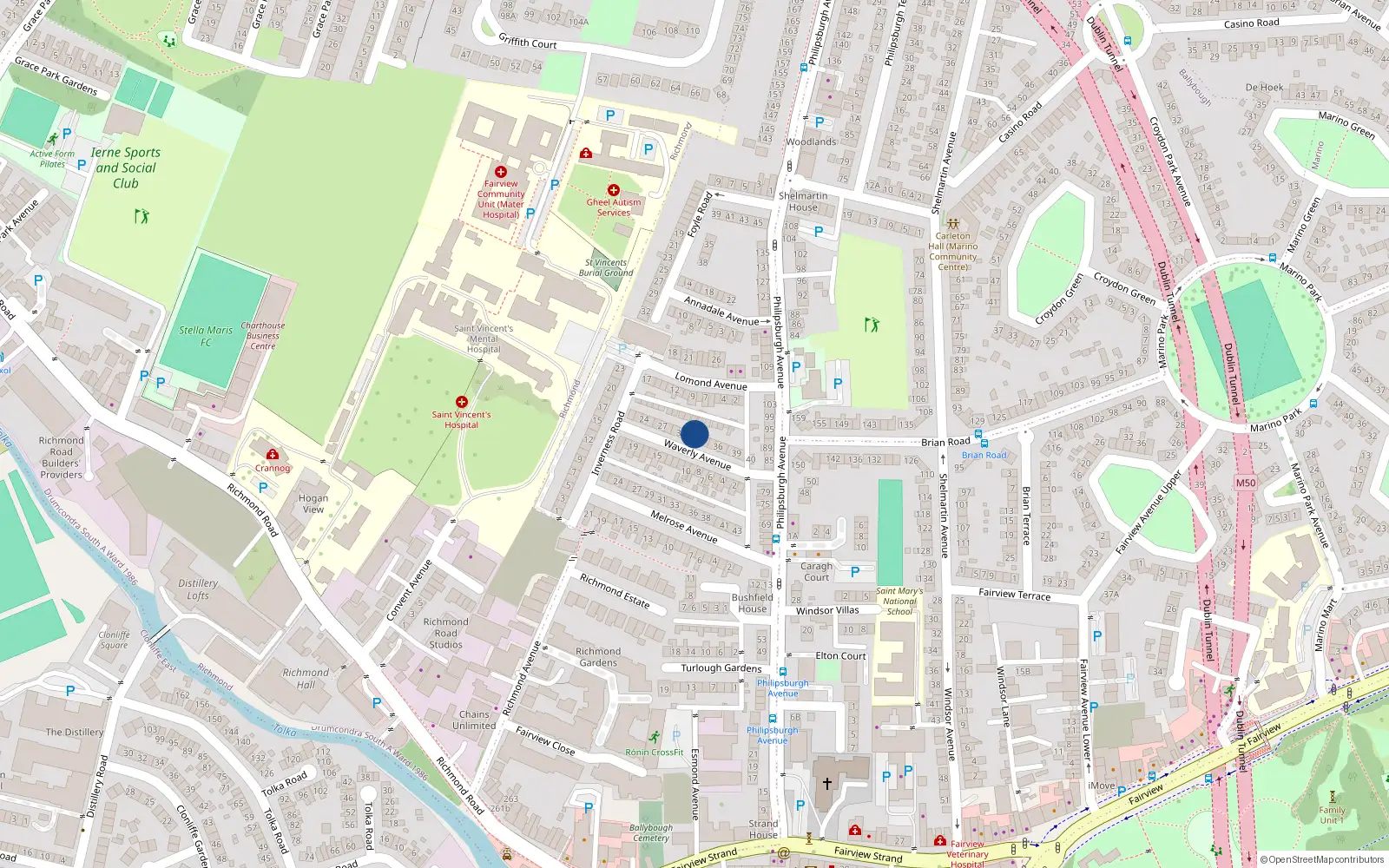 Overhead map showing the location of 32 Waverley Avenue, Dublin 3