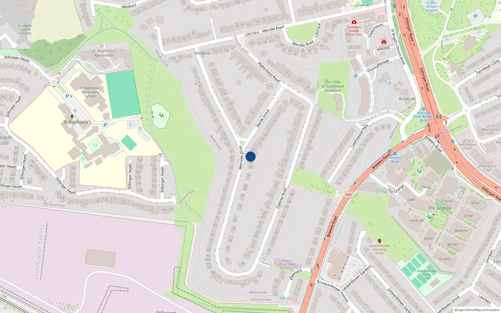 Overhead map showing the location of 32 Weirview Drive, Dublin