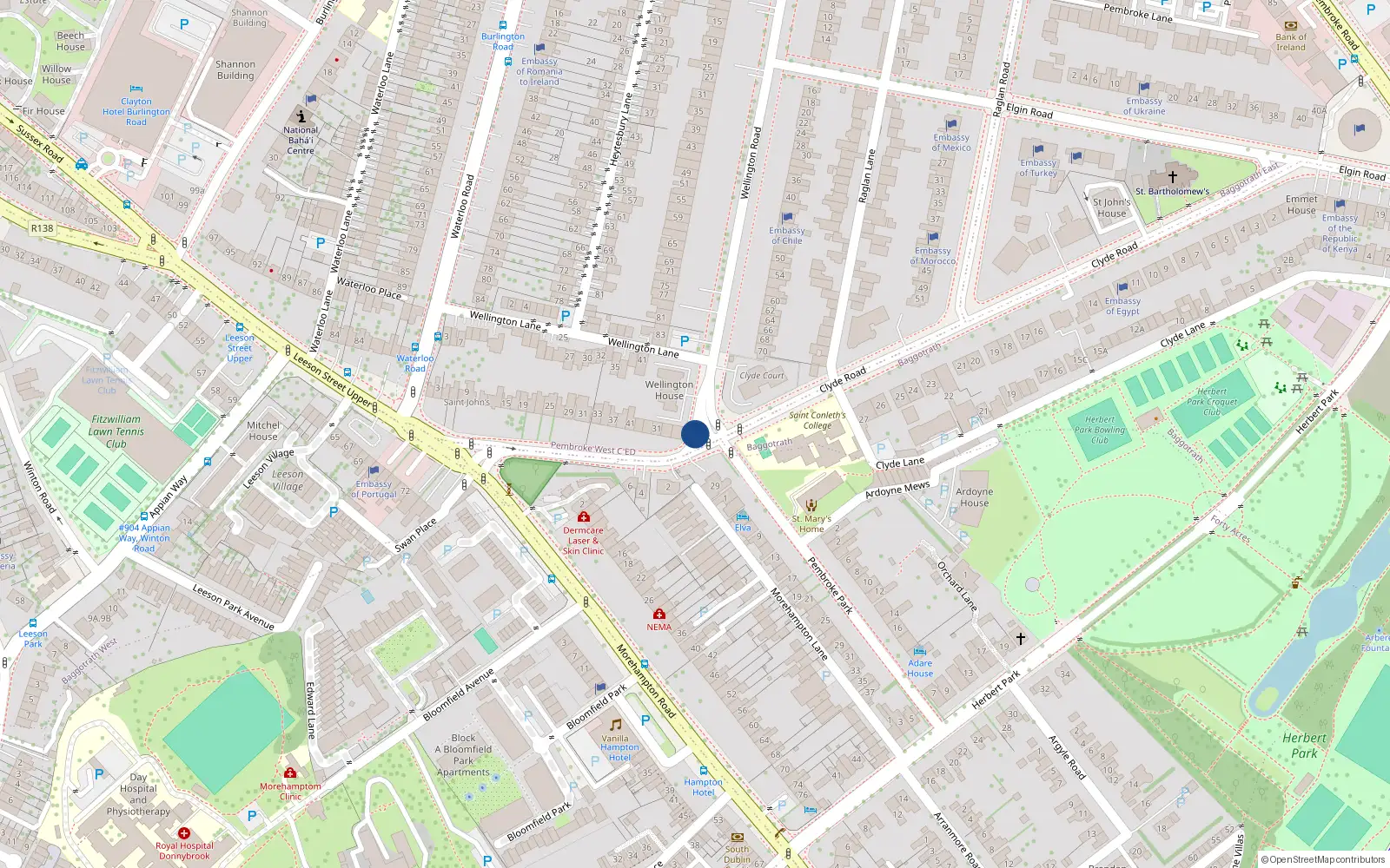 Overhead map showing the location of 32 Wellington Road, Ballsbridge