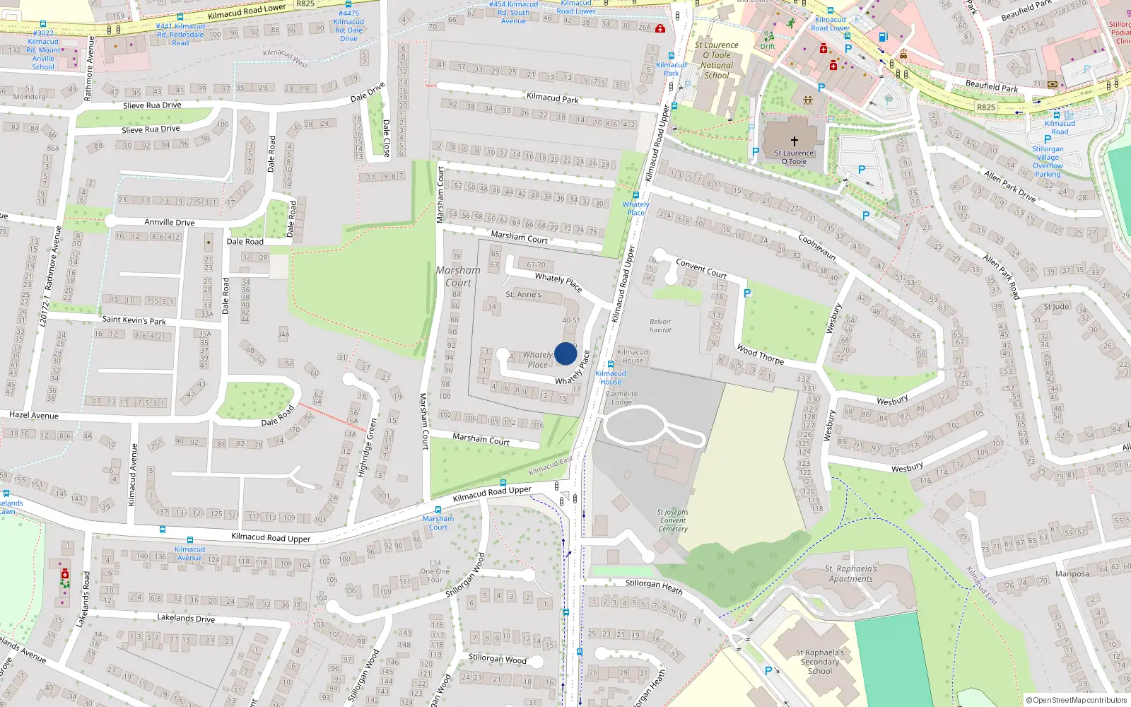 Overhead map showing the location of 32 Whatley Place, Kilmacud Road Upper, Stillorgan