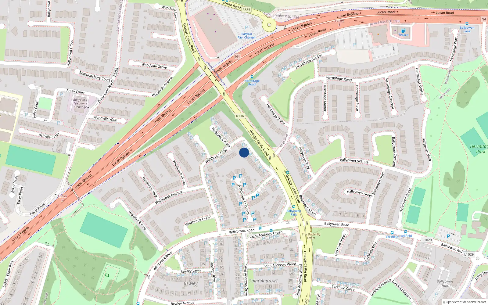 Overhead map showing the location of 32 Willsbrook Drive, Lucan