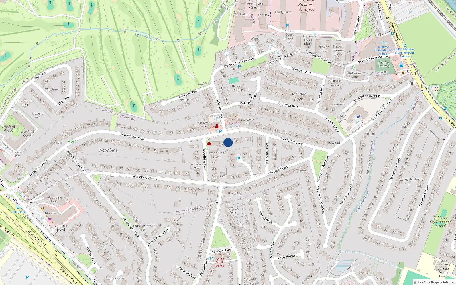 Overhead map showing the location of 32 Woodbine Park, Blackrock