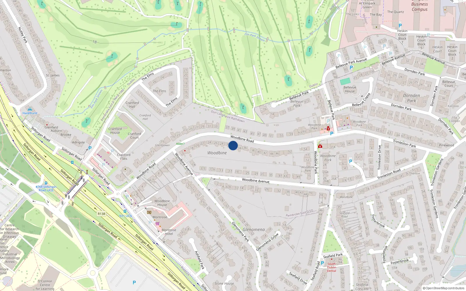 Overhead map showing the location of 32 Woodbine Road, Blackrock, Dublin