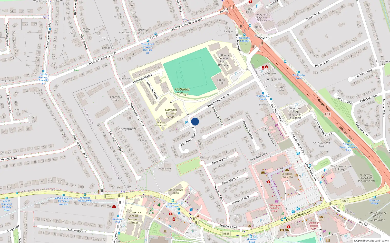 Overhead map showing the location of 32 Woodlands Avenue, Dublin