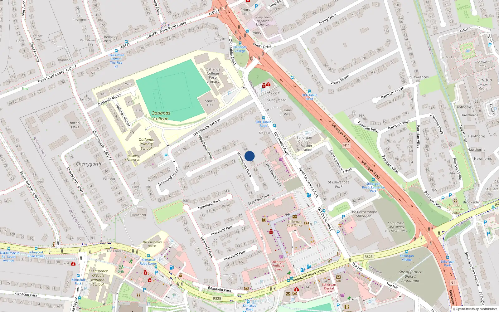Overhead map showing the location of 32 Woodlands Drive, Dublin
