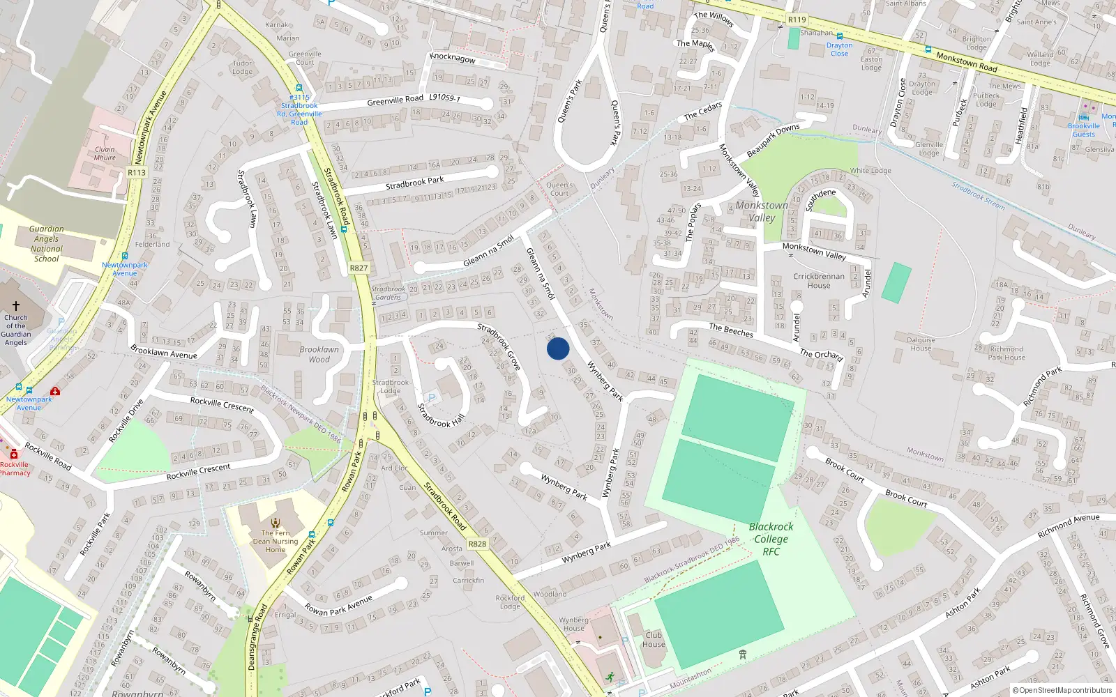 Overhead map showing the location of 32 Wynberg Park, Blackrock