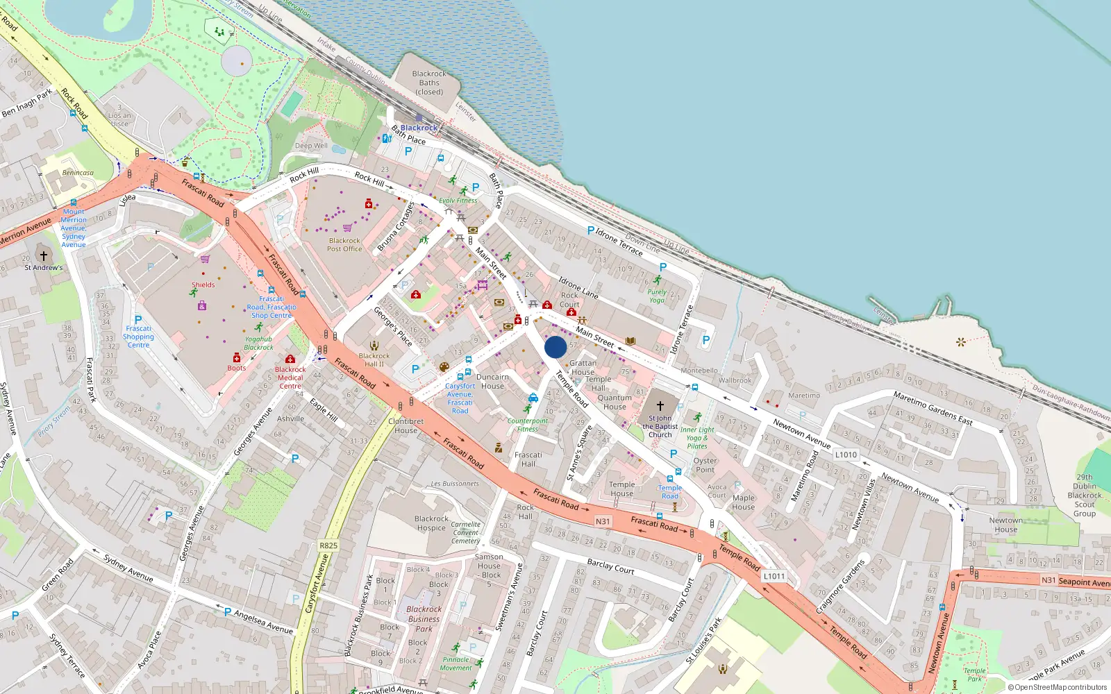Overhead map showing the location of 32A Temple Road, Blackrock, Dublin