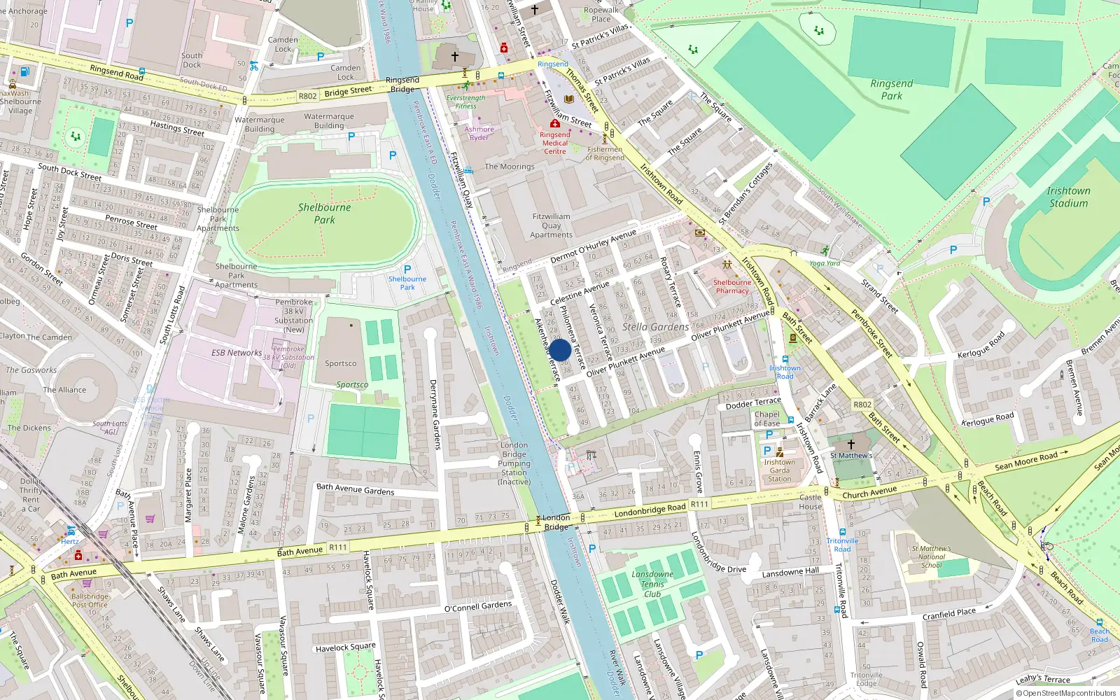 Overhead map showing the location of 33 Aikenhead Terrace, Irishtown