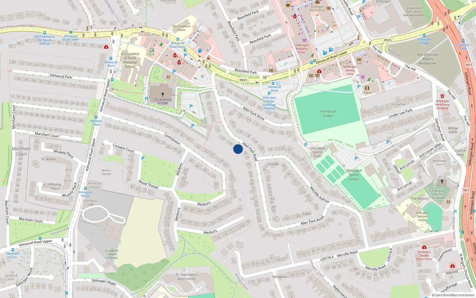 Overhead map showing the location of 33 Allen Park Road, Stillorgan, County Dublin
