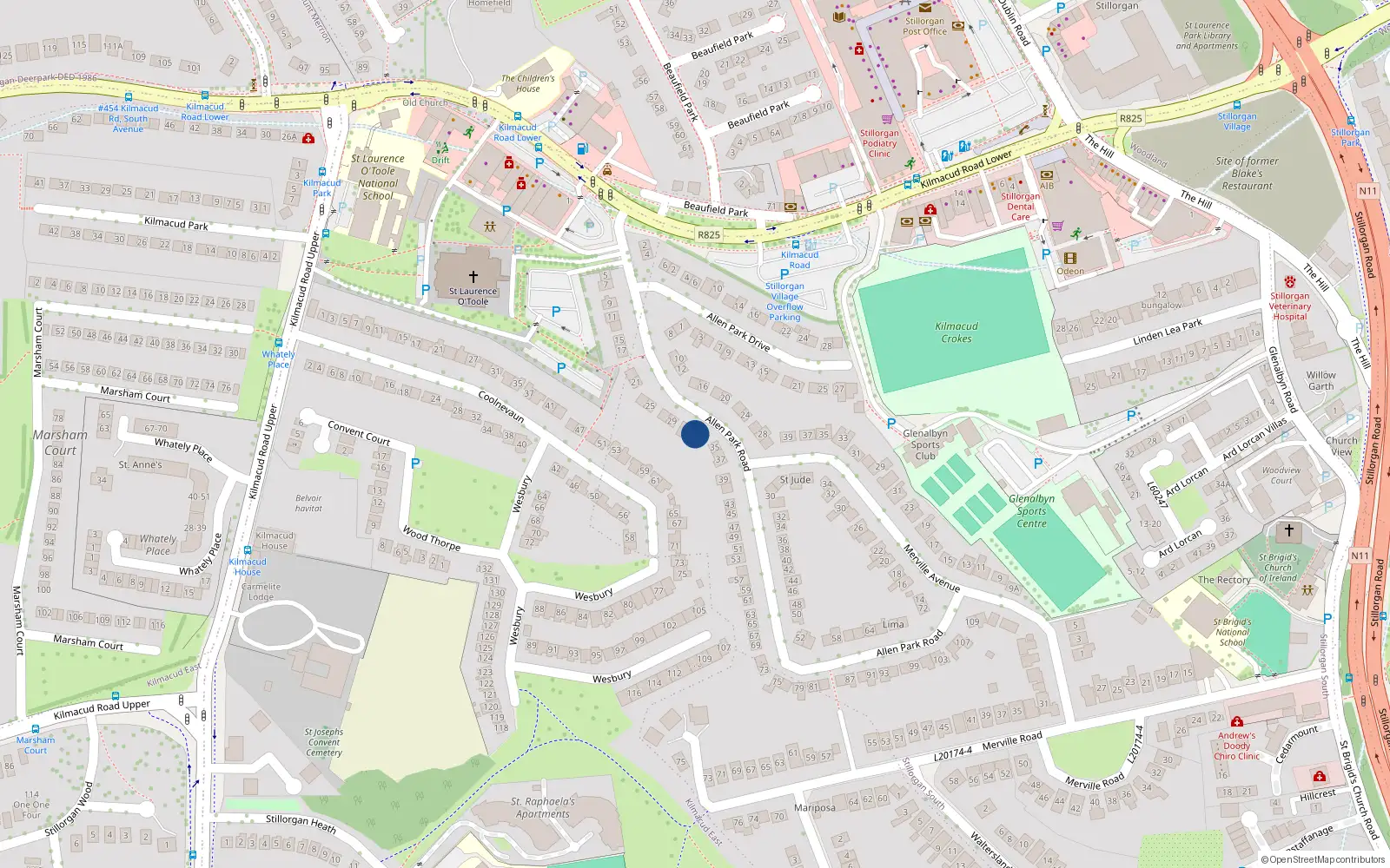 Overhead map showing the location of 33 Allen Park Road, Dublin