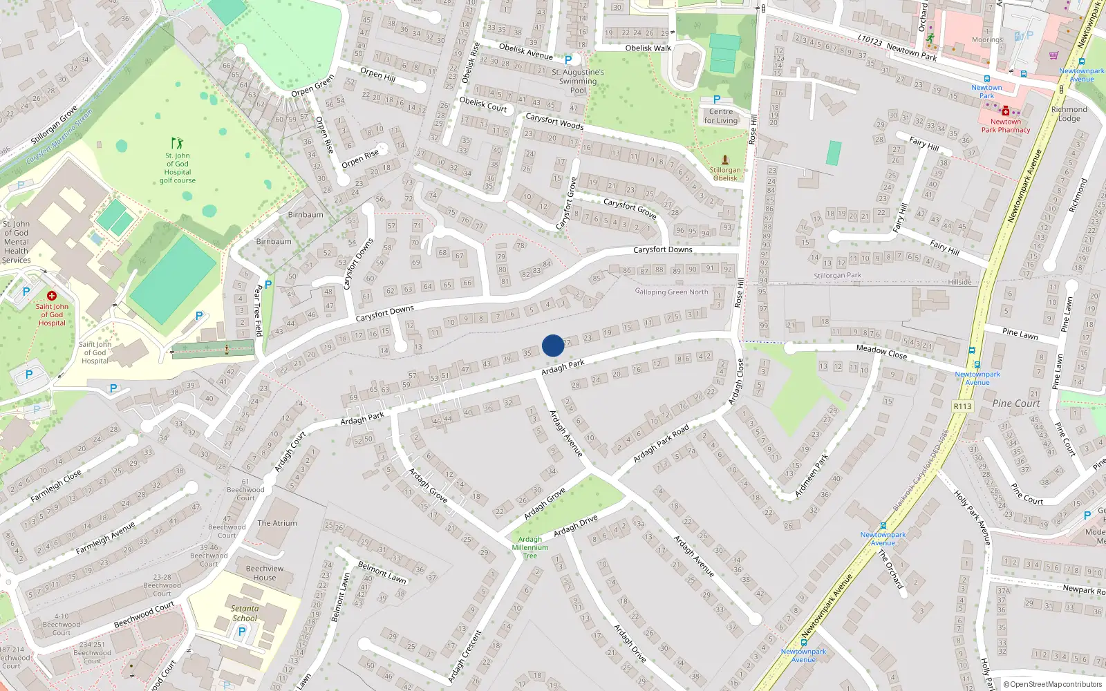 Overhead map showing the location of 33 Ardagh Park, Blackrock