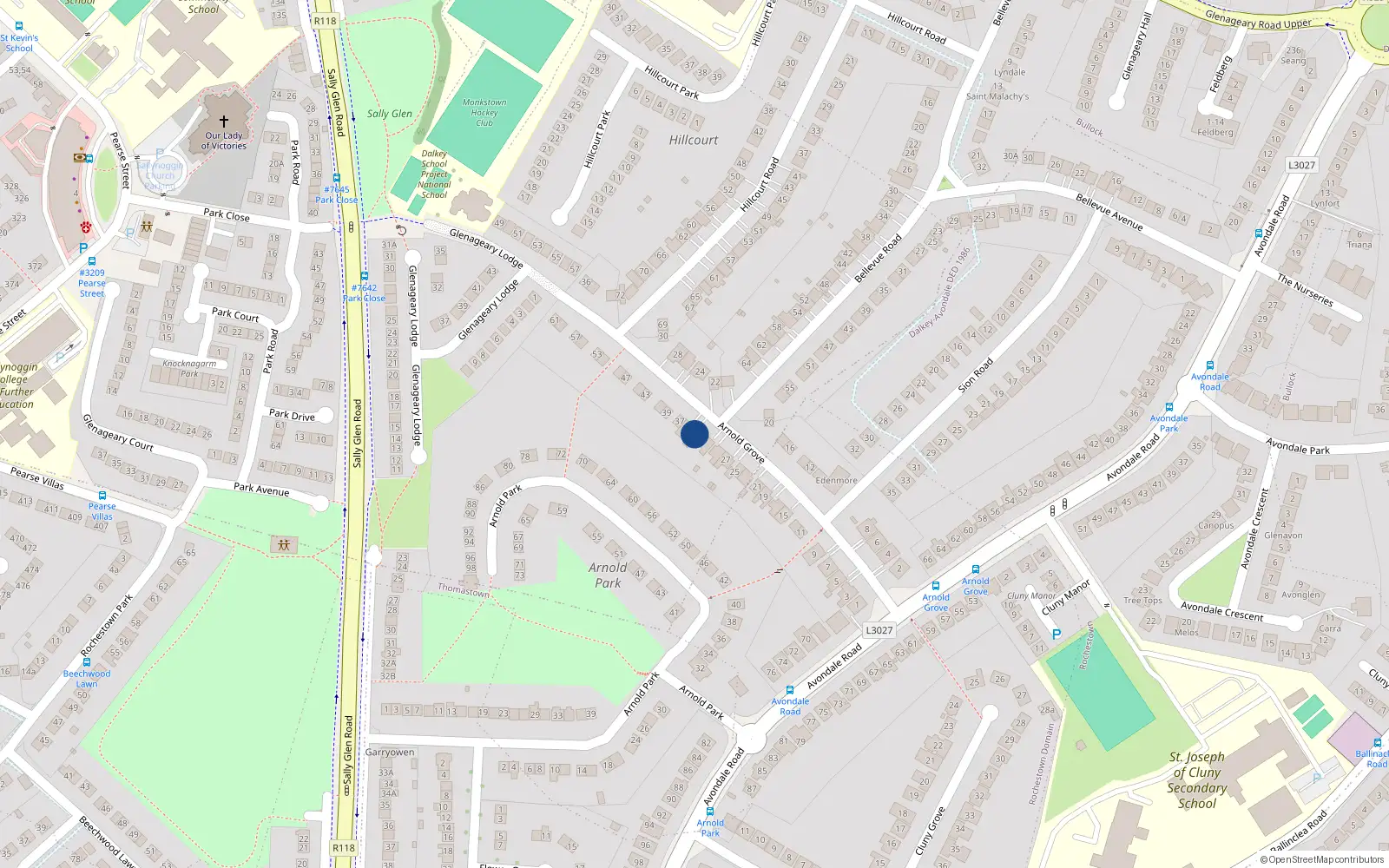 Overhead map showing the location of 33 Arnold Grove, Dublin