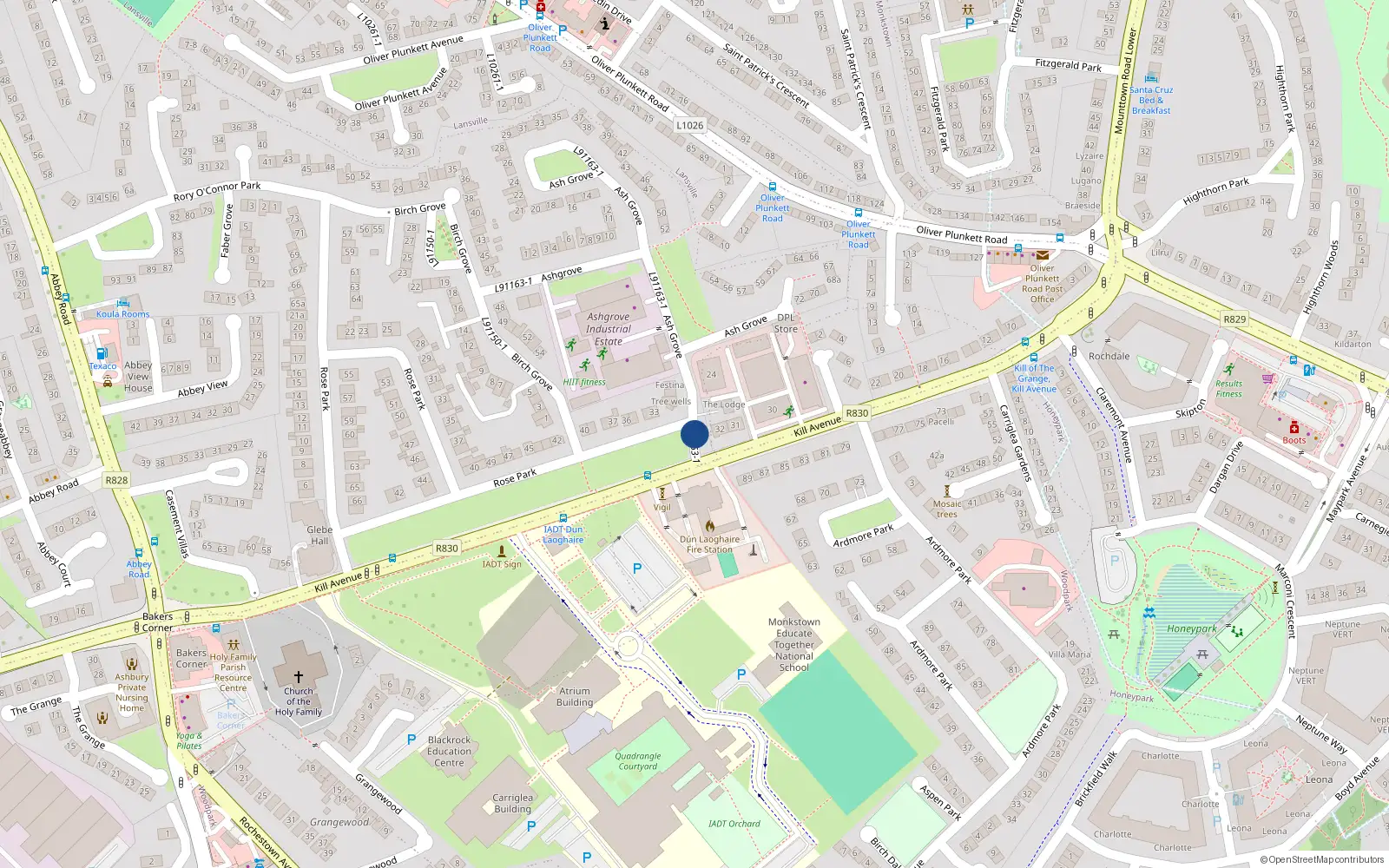 Overhead map showing the location of 33 Ashgrove, Dun Laoghaire