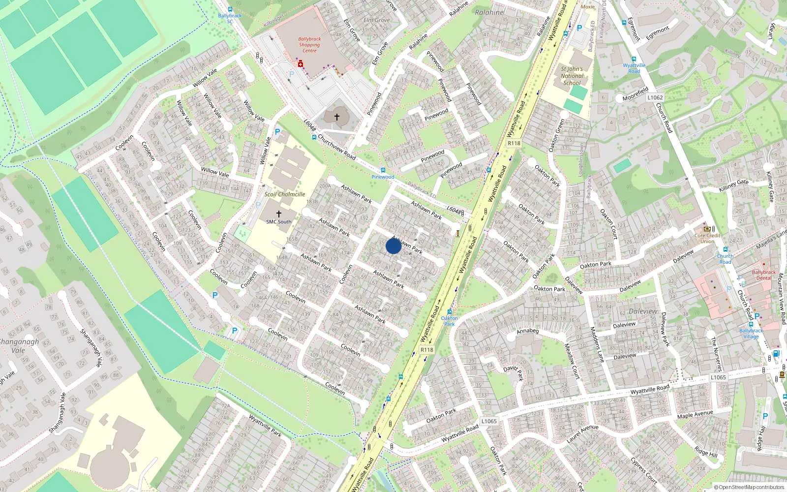 Overhead map showing the location of 33 Ashlawn Park, Dublin