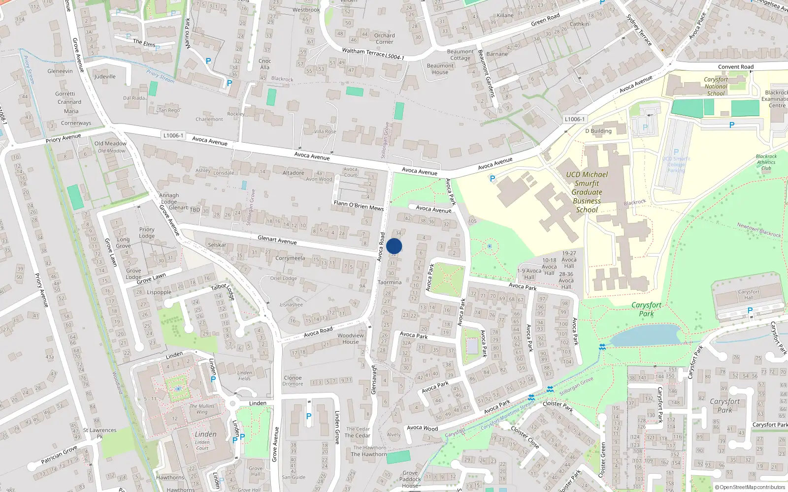 Overhead map showing the location of 33 Avoca Road, Blackrock, Dublin