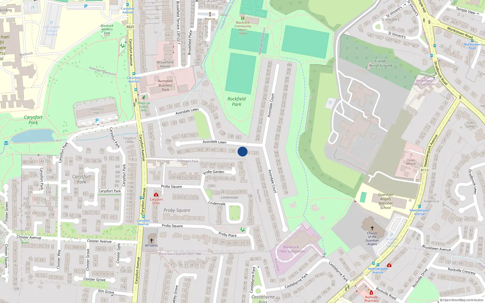 Overhead map showing the location of 33 Avondale Lawn, Blackrock