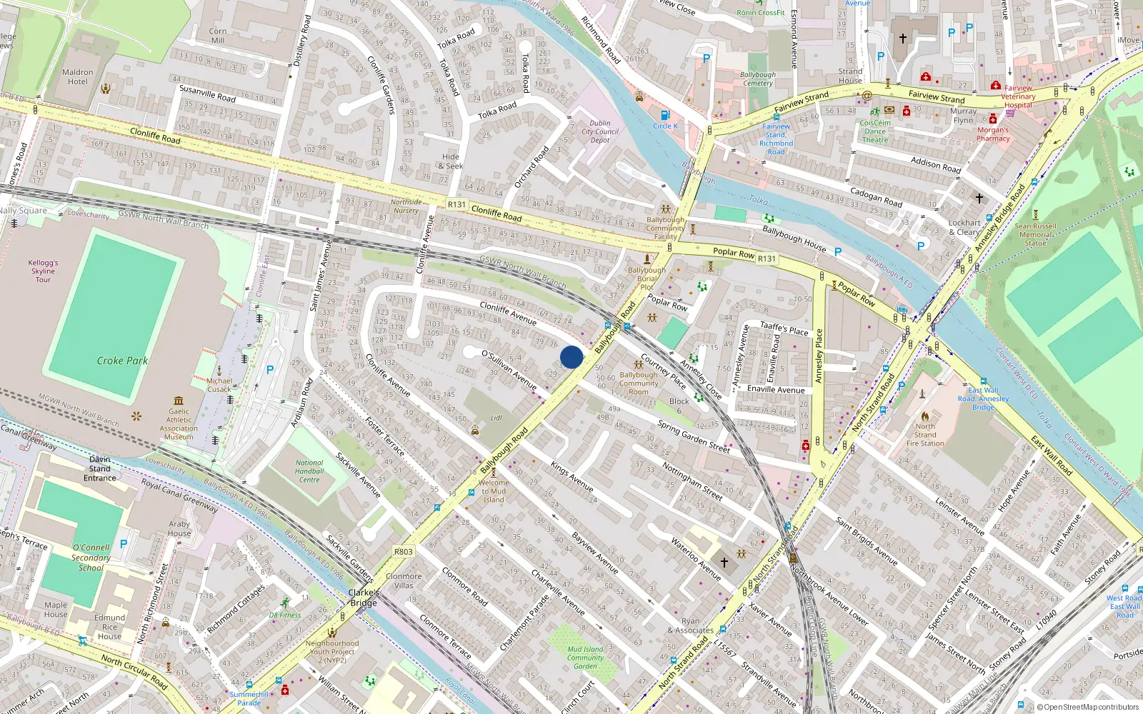 Overhead map showing the location of 33 Ballybough Road, Dublin 3, Dublin